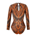 2025 Sexy Women's Retro Print Scoop Neck Padded Long Sleeve One Piece Swimsuits High Cut Bathing Suits Swimwear Bodysuit