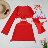 DEKA Women Solid Bikini Set Halter Bra Lace-up Swimsuit Set With Mesh Yarn Cover Up Dress Knitted  Long Sleeve Boho Swimwear