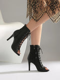 Plus Size Women Peep Toe Cutout Lace Up Ankle Boots with Side Zipper Stiletto High Heels Summer Hollow Out Short Booties