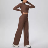 2 Pcs Women's Seamless Yoga Set Long-sleeved Wide-leg Pants Tracksuit Fitness Sports Set High-waisted Hip-lifting Slim-fit Suit