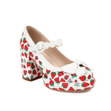 Big Size 43 High Quality Women's y2k Block High Heels Sweet Strawberry Print Mary Jane Pumps Black Pink Platform Lolita Shoes