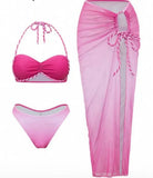 Sexy Pink Gradient Swimwear Women 2026 Pleate Push Up Drawstring Side Long Skirt 3 Piece Bikini Set Beach Bathing Suit Swimsuit