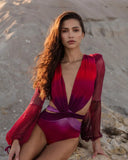 One Piece Swimsuit Sexy Long Sleeve Tropical Print Swimwear Women Bandage Monokini Hollow Out Bathing Suit String Beachwear 2023