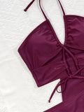 Sexy 3-Piece Bikini Set Women Burgundy Hollow Swimwear Swimsuit Bikinis Set Bathing Suit Beach Bikini Female Drawstring Skirt