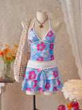 Vintage Green Floral Print Bikini Set 2026 Women Drawstring Pleate Skirt 3 Piece Swimsuit Beach Holiday Bathing Suit Swimwear