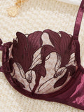 Burgundy Floral Embroidery Satin Lingerie Set Sheer Mesh Underwire Bra & Thong Women Sexy Underwear ZA824031