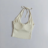 Women's Halter Neck Sports Bra Vest Slimming Tube Top for Yoga Gym Running Beautiful Back Sling Design One Cup Gathered Summer F