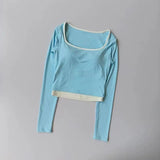 Autumn New Contrasting Yoga Suit for Women with Chest Pad Top Slim and Slim Pilates Running Sports Fitness Long Sleeves Shirts