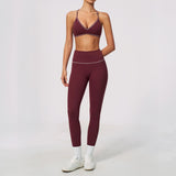 New Yoga Suit Women Color Blocked V-neck I Shape Sports Bra Fitness Clothes Summer Tight Running High Waist Leggings Tracksuit