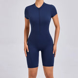 Padded Backless Yoga Cycling jumpsuit  Women Zipper GYM Sportswear Fitness One Piece Sports Suit V Back Workout Playsuit
