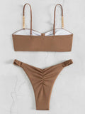 Front Knotted Metal Strap Ribbed Bikini Women Swimwear Female Swimsuit Two Pieces Bikini Set High Cut Bathing Suit Swim Beach