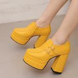 Plus Size Double Row Small Buckle Side Zipper Square Toe Double Layer Platform High Thick Heel Women's Pumps Shallow High Heels