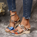 2026 Summer Women's Leopard Print Wedge Sandals Open Toe Slippers Plus Size 44 Comfortable Thick Sole