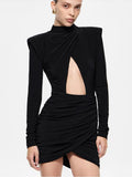 Ahagaga Eelgant Fashion Dresses For Women Solid Zipper Sheath Pleated Hollow Out Regular Long Sleeves Turtleneck Shoulder Pad