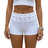 Women Solid Color Fold Over Waist Shorts Summer Stylish Rivet Studded Low Rise Slim Fit Mini Shorts for Beach Daily Wear