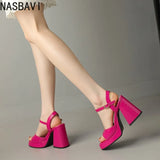 NASBAVI Women Patent Leather Sandals Super Chunky High Heeled Ankle Buckle Shoes Platform Summer Thick Heel Sandal Ladies 35-43