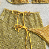 With Fishnet Sarong Skirt Halter Micro Bikini Women Swimwear Female Swimsuit Three-pieces Bikini Set Bathing Suit Swim Beachwear