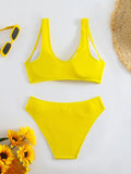 2026 Summer New Women's 2 Piece Swimsuit Solid Color High Waist Bikini Set V-neck Backless Beach Vacation Bathing Suit Swimwear