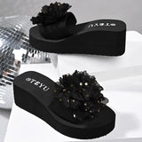 Mesh Big Flower Wedges Slippers Women Plus Size 43 Gold Sequins Platform Sandals Woman 2026 Summer Thick Sole Casual Slides