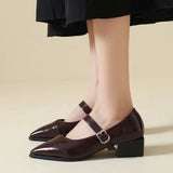 Mid-length Single Shoes Spring and Summer New Fashion Belt Buckle Pointed Toe Comfortable Shallow Toe Leather Shoes