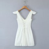 White Lace Dress Summer Women's Dress Bowknot Back Tie Up Short Beach Vestidos Female Sleeveless Mini Casual Cotton Dress 2025