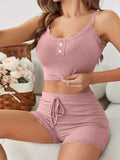 Sexy Women Summer Pajama Set Ribbed Lace Trim Backless Crop Cami Top and Shorts Slim Fit Sleepwear Nightwear Lounge Set