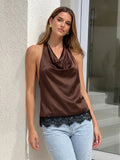 Women's Elegant Satin Tops Lace Trim Open Back Halter Low Cut Vest for Party Daily Casual Loose Fit Sleeveless Blouse