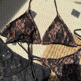 Sexy Lace Micro Mini String Halter Tie Bikinis Sets 3pcs with Ruffles Mini Skirt Black Red Color Swimwear Swimsuit Bathing Suit