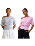 Women's Cinched Waist Blouse Tops Fashion Stylish Off Shoulder Short Sleeve Solid Color Shirts Summer Elegant Shirts Streetwear