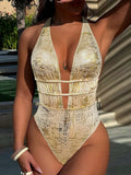 Shiny Deep V Neck Halter One Piece Swimsuit Women Swimwear Female Scrunch Butt Monokini Backless Bather Bathing Suit Swim Lady