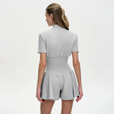 FDYOUI New 2026 Summer Zip-up Corset Playsuits Women Casual Short Sleeve Sports Fitness Overalls One Piece Tunics Yoga Bodysuit