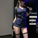 Sexy Cosplay Policewoman Midnight Uniform SM Zipper Bodysuits Solid Color Deep V Short Sleeved Wrap Hip Bodysuits Charming K0JQ