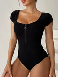 2026 Short Sleeve Swimsuit Women One Piece Solid Swimwear Female Zipper Bathers Bathing Swimming Suit Summer Beachwear Bodysuit