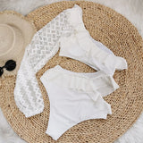 One Piece Swimsuit Sexy Long Sleeve Tropical Print Swimwear Women Bandage Monokini Hollow Out Bathing Suit String Beachwear 2023
