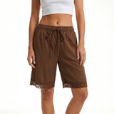 Fashion Women's Loose Shorts Drawstring Elastic Waist Lace Trim Wide Leg Mid Pants Summer Casual Lounge Out Going Shorts