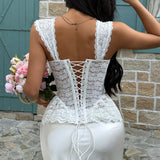 Sexy Summer Cropped Shirt Women White Lace V Neck Corset Camis Slim Fit Fishbone Ruffles Tank Top Ropa Blusas Camiseta Mujer
