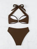 Sexy Front Tie Bikini Set Women Brown Halter Push Up Padded Micro Swimsuit 2025 Summer Bathing Suit High Waist Swimwear Biquini