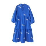 Foridol Lantern Sleeve Spring Summer Women Dress Embroidery Loose Midi Casual Vestidos 2025 Wrist Sleeve Royal Blue Sundress