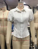 Chic Solid Color/Striped Print Button Down Tops Women Puff Sleeve Lapel Collar Slim Fit Shirts Summer Blouses