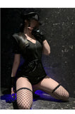 Sexy Cosplay Policewoman Midnight Uniform SM Zipper Bodysuits Solid Color Deep V Short Sleeved Wrap Hip Bodysuits Charming K0JQ