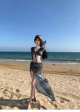 Korean Swimsuit 2025 Women Sexy Black Tie Dye Long Sleeve Cover Up  Long Skirt 4 Piece Bikini Set Bathing Suit Vacation Swimwear
