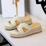 Spring 2025 Women's Slippers Hollow Out Strap Waterproof Thick Heel Woven Rope Country Style Slip-On Shoes Polyurethane Material