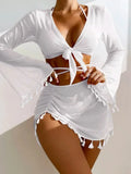 sexy 4pcs boho tassels trim bikinis sets ladies padded bikini set +cover up tops skirts beachwear bathing suit biquini monokini