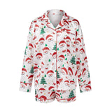 Women's Christmas Satin Pajama Set Long Sleeve Lapel Santa Claus/Christmas Tree Print Shirt Shorts Two Pieces Sleepwear