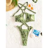 Sexy Tummy Cut Out Leopard Snakeskin Women Swimwear One Piece Swimsuit Female Halter High Cut Leg Bather Bathing Suit Swim V7972