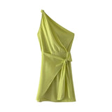 Foridol One Shoulder White Cotton Ruched Short Summer Dress Bowknot Beach Sundress Women Sleeveless Solid Dress