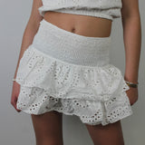 Shirred Mini Skirt A-Line Pointelle High Waist Layered Ruffle Skirt for Women 2024 Summer Solid Color Sweet Skirts