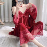 Gold velvet three-piece pajamas set, autumn and winter lace nightgown, sexy home wear with chest pad