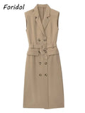 Foridol Khaki Double Breasted Sleeveless Office Windbreaker Style Dress Turn Down Collar Lady Elegenta Vintage Belt New Vestidos