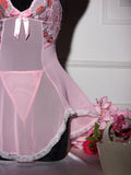 Pink Transparent Ultra Thin Hot Nightgown Women's Pajamas With Thongs Lace Mesh Dress For Sex V-Neck Backless Sexy Lingerie